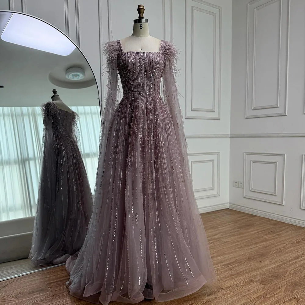 Blue Luxury Feathers Arabic Evening Dresses with Cape LA72236 - SERENE HILL