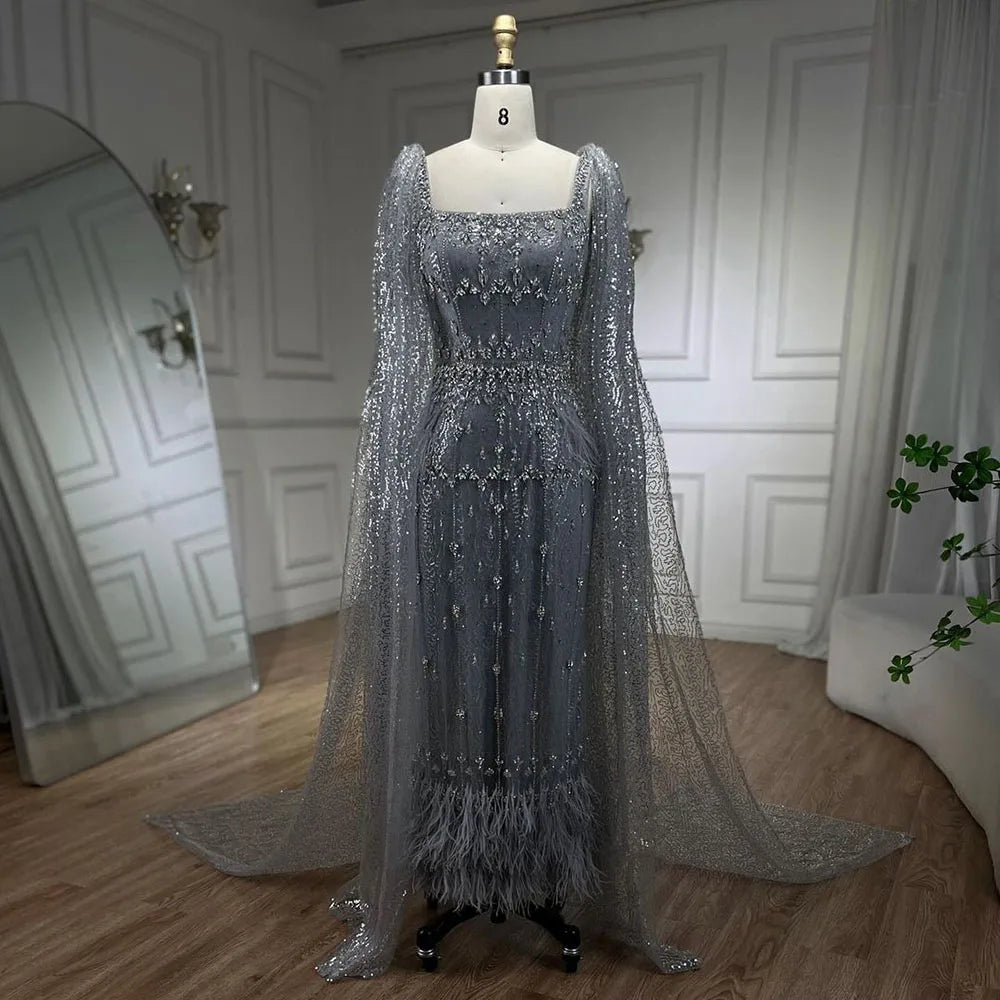 Bling Gray Mermaid Feather Arabic Midi Evening Dress with Cape LA72334 - SERENE HILL