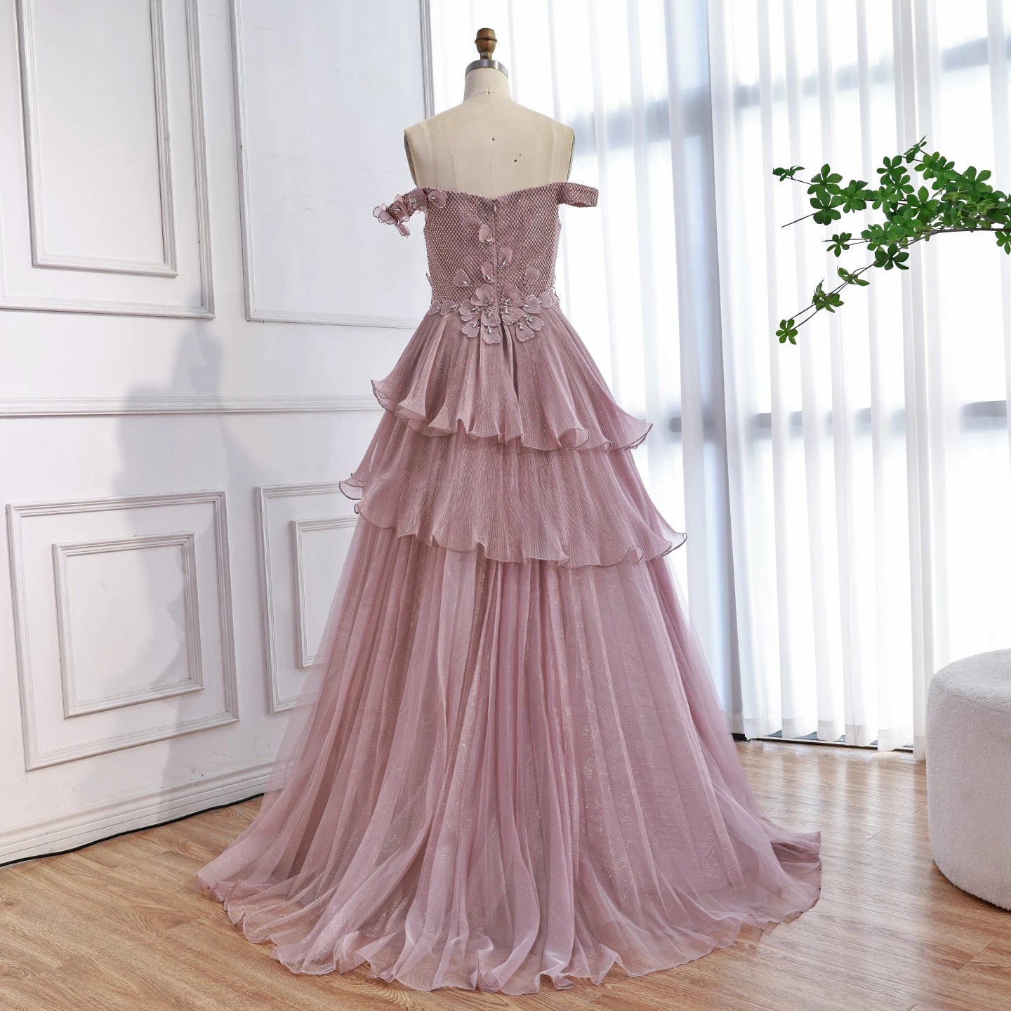 Luxury Pink Dreamy Ruffles Beaded A-Line Evening Dress LA73385 - SERENE HILL