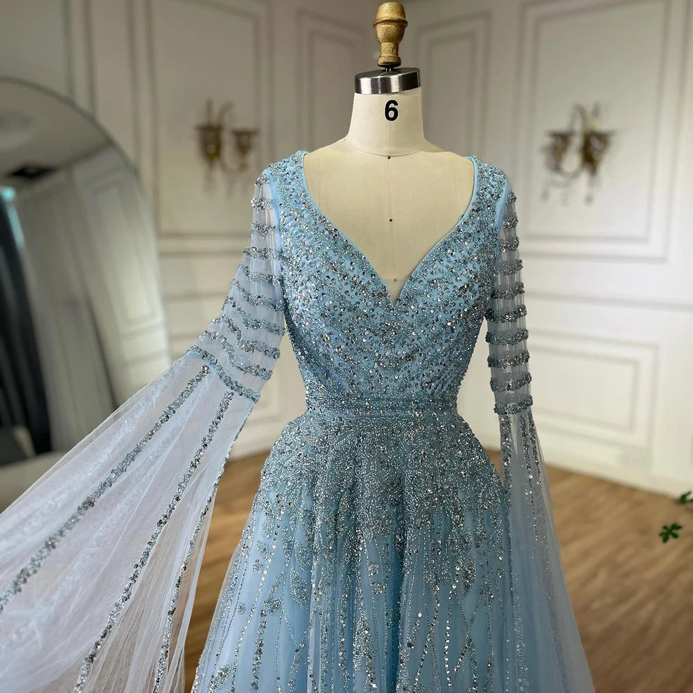 Luxury Dubai Arabic Caramel Elegant A-Line Beaded Long Evening Dresses Gowns with Cape Sleeves for Formal Occasion LA72750 - SERENE HILL