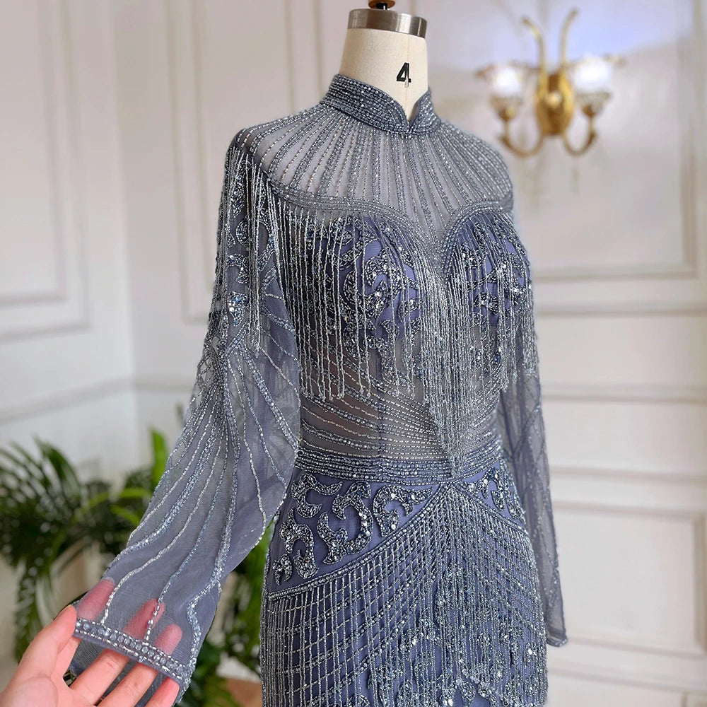 Luxury Blue Beaded Tassel Mermaid Evening Dress Dubai Style LA71986 - SERENE HILL