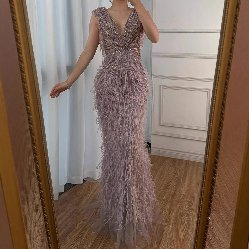 Luxury Brown Mermaid Elegant Beaded Evening Dress Gown with Feathers LA70801 - SERENE HILL