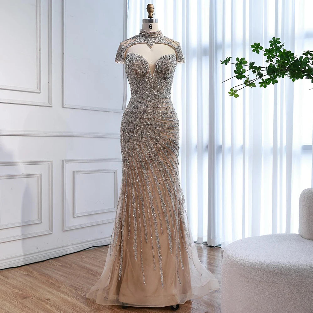 Nude Mermaid Evening Dress with Detachable Beaded High Neck LA73087 - SERENE HILL
