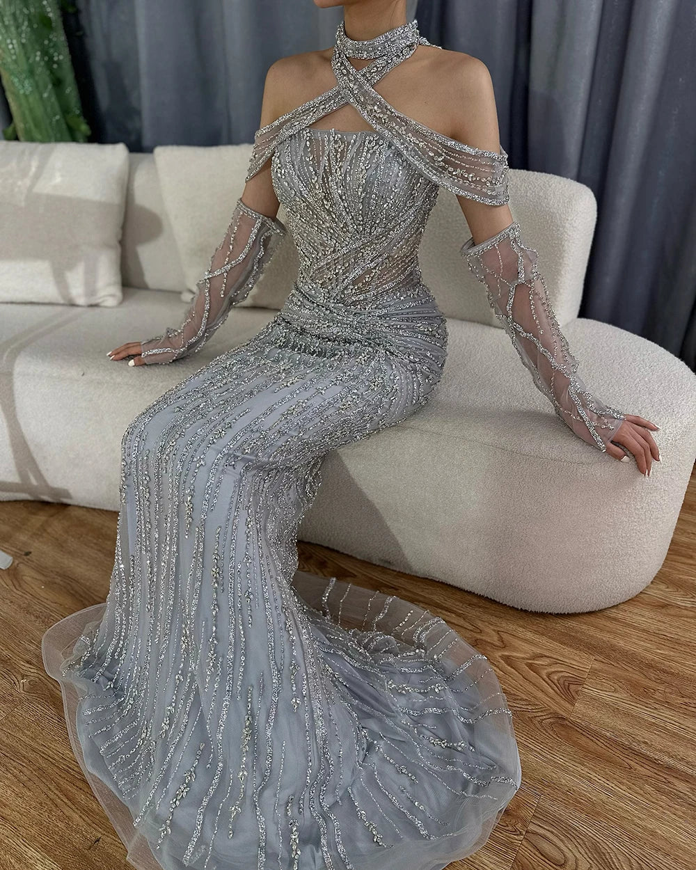 Serene Hill 2025 Arabic Gray Decorative Halter Mermaid Luxury Dubai Evening Gown Beaded Dress for Women&