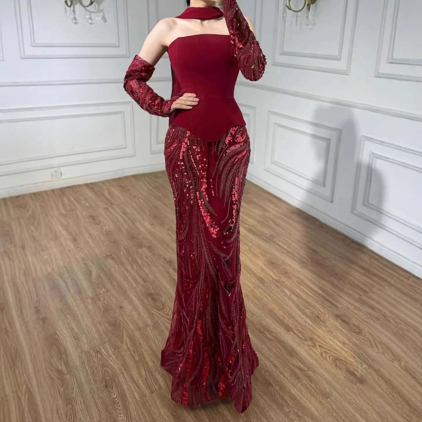 Luxury Wine Red Mermaid Evening Dress With Gloves LA73050E - SERENE HILL