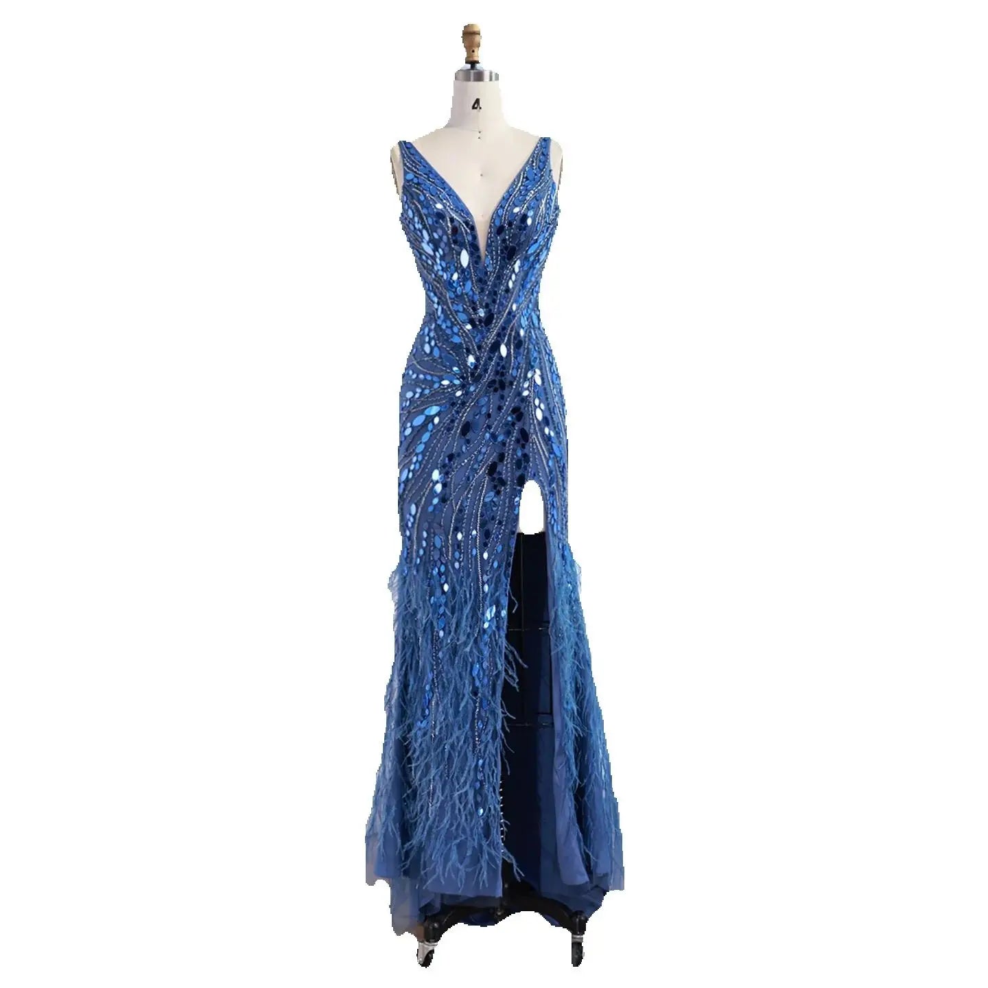 Luxury Blue Beaded Feather Mermaid Evening Dress LA73369 - SERENE HILL