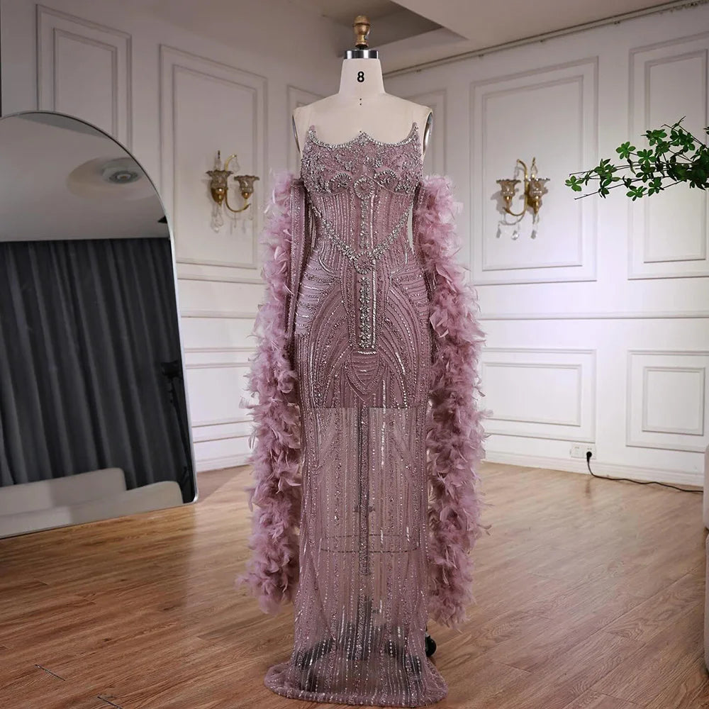 Luxury Caramel Beaded Evening Dress with Feather Sleeves LA73055 - SERENE HILL