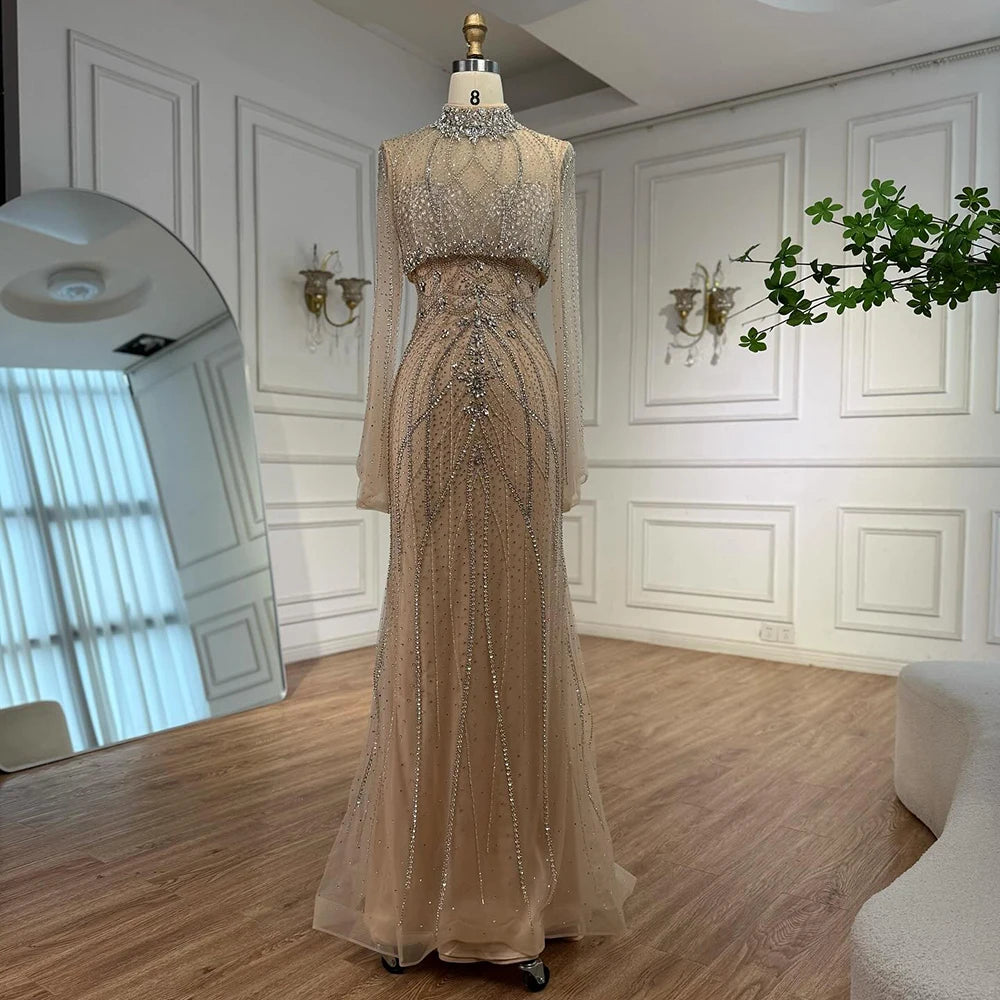 Luxury Turquoise Crystal Beaded Mermaid High Neck Long Sleeve Evening Dress LA73136 - SERENE HILL