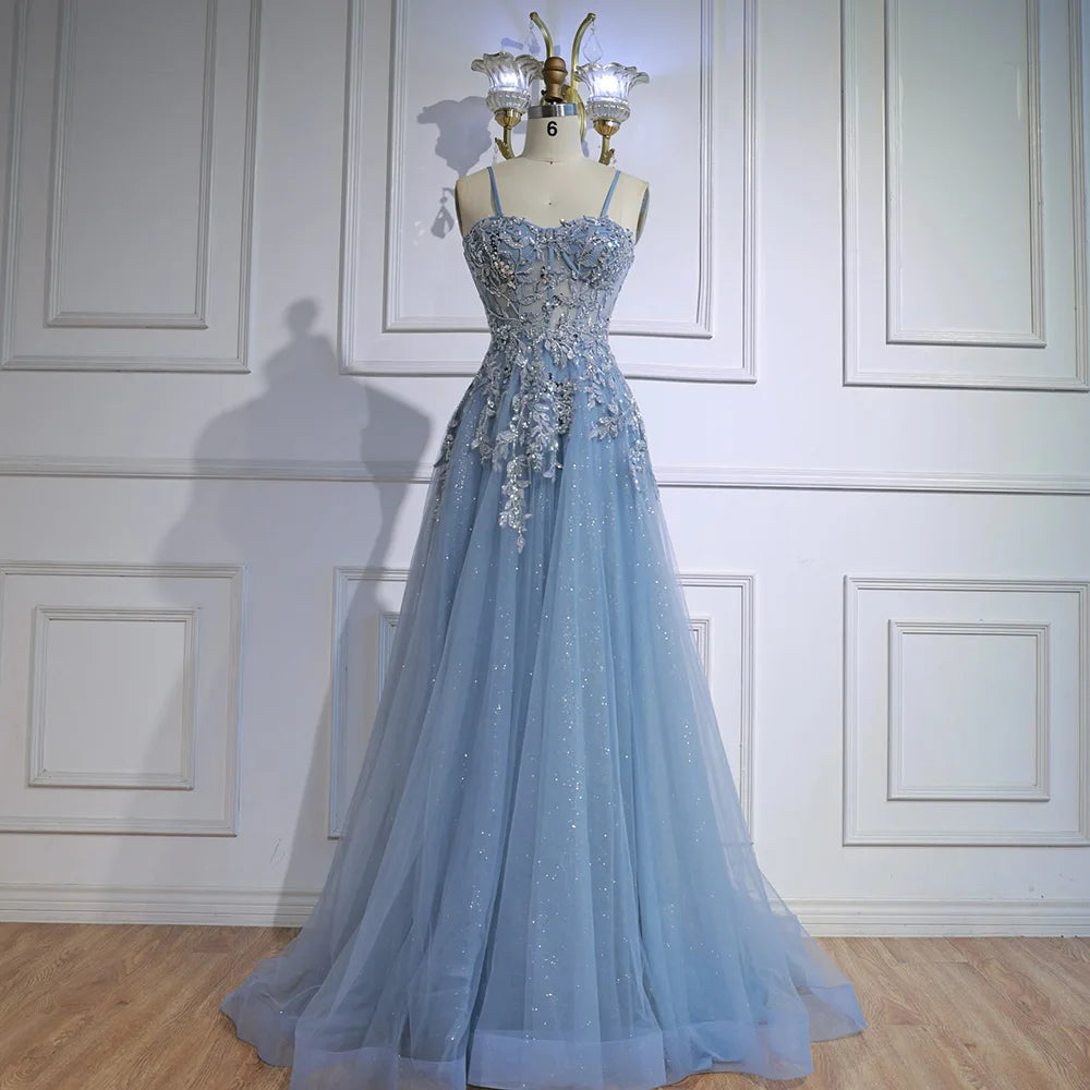 Luxury Gray Tulle A Line Prom Dress with Floral Appliques LA73015 - SERENE HILL