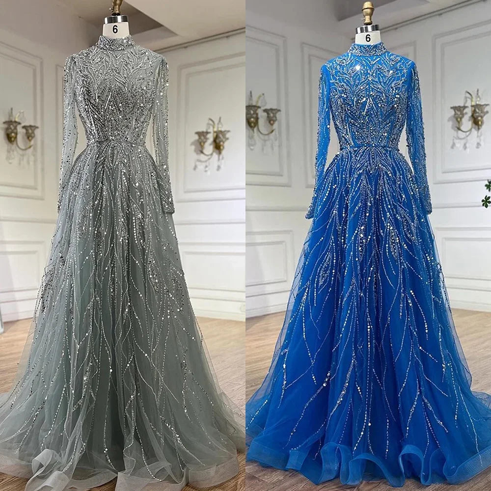 Luxury Muslim Blue A-Line Beaded Dubai Evening Dress LA72302A - SERENE HILL