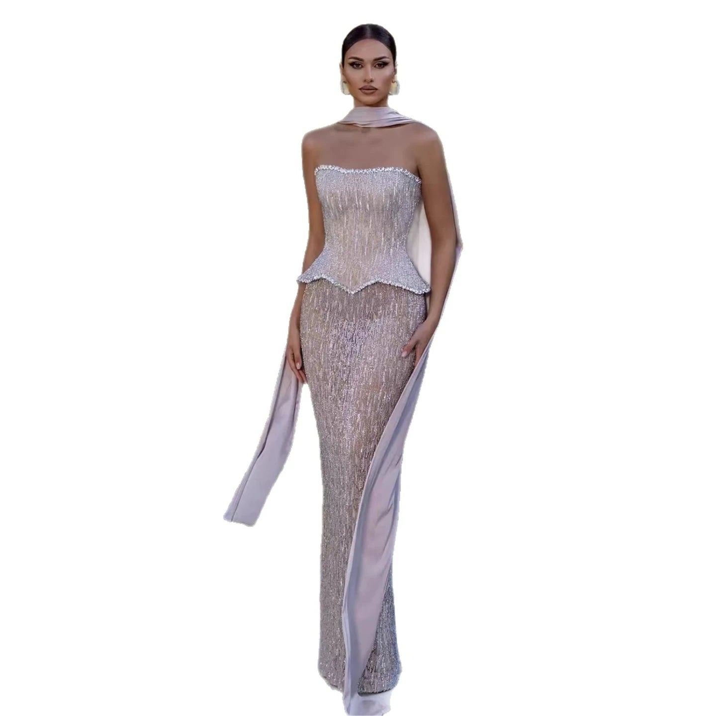 Luxury Nude 2 Pieces Pearl Sequin Evening Dress with Scarf LA73076A - SERENE HILL