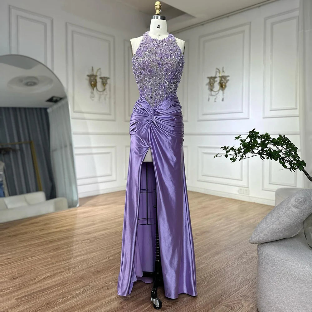 Luxury Dubai Lilac Halter Neck Satin Split Mermaid Evening Dress LA72668 - SERENE HILL