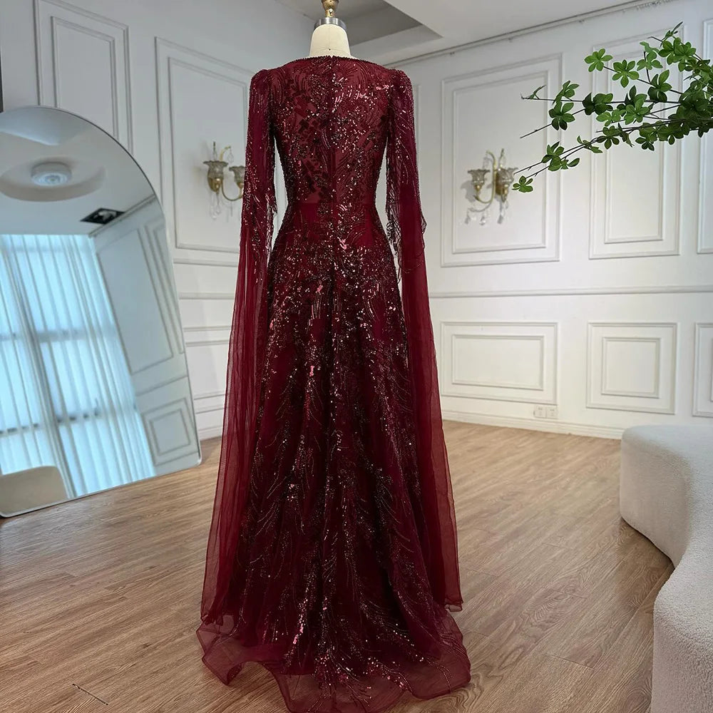 Luxury Wine Red A-Line Luxury Beaded Evening Dress with Cape LA73127 - SERENE HILL
