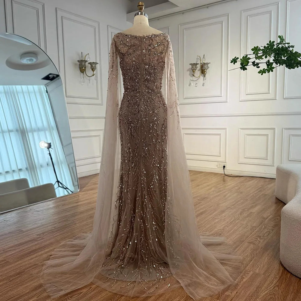 Luxury Caramel Beaded Evening Dress with Cape Sleeves LA73078 - SERENE HILL