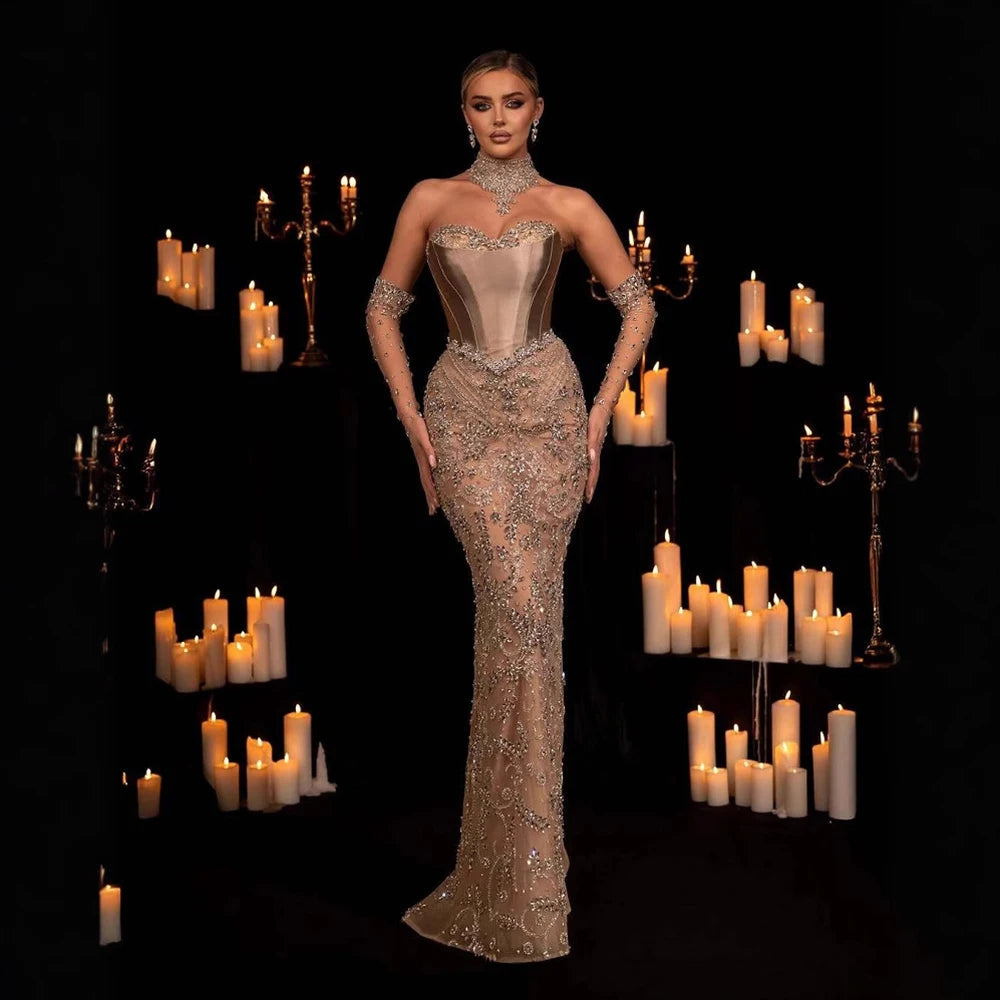 Luxury Beaded Evening Dress Sheer Long Gloves LA72929