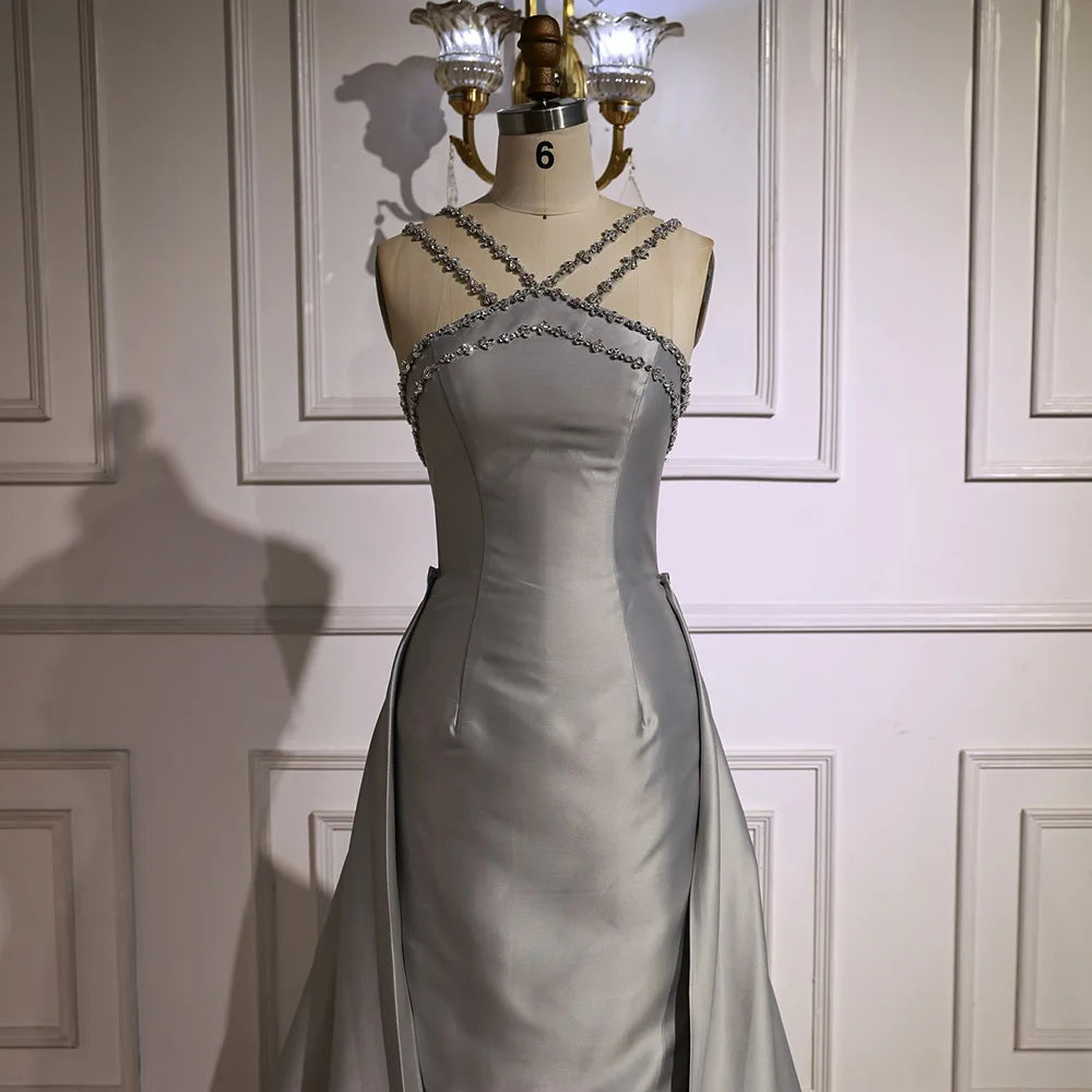 Elegant Light Blue Satin Evening Dress with Overskirt LA72524 - SERENE HILL