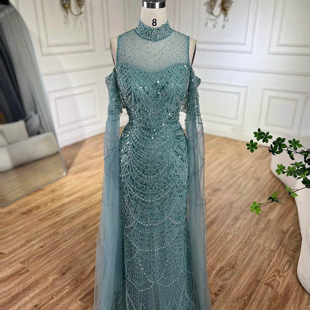 Serene Hill Dubai Pink Cape Sleeves Mermaid Beaded Luxury Long Arabic Evening Dresses Gowns for Woman Wedding Party LA71992A - SERENE HILL