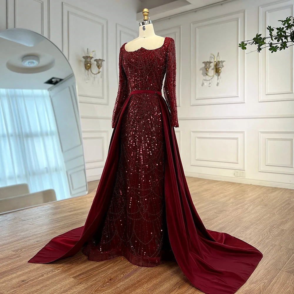 Luxury Wine Red Mermaid Evening Dress with Overskirt Plus Size LA72352A - SERENE HILL