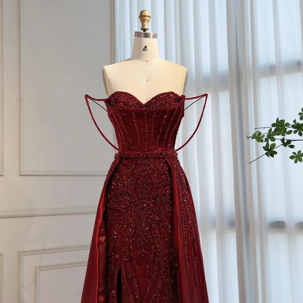 Luxury Red Beaded High Slit Evening Gown with Overskirt LA72936 - SERENE HILL