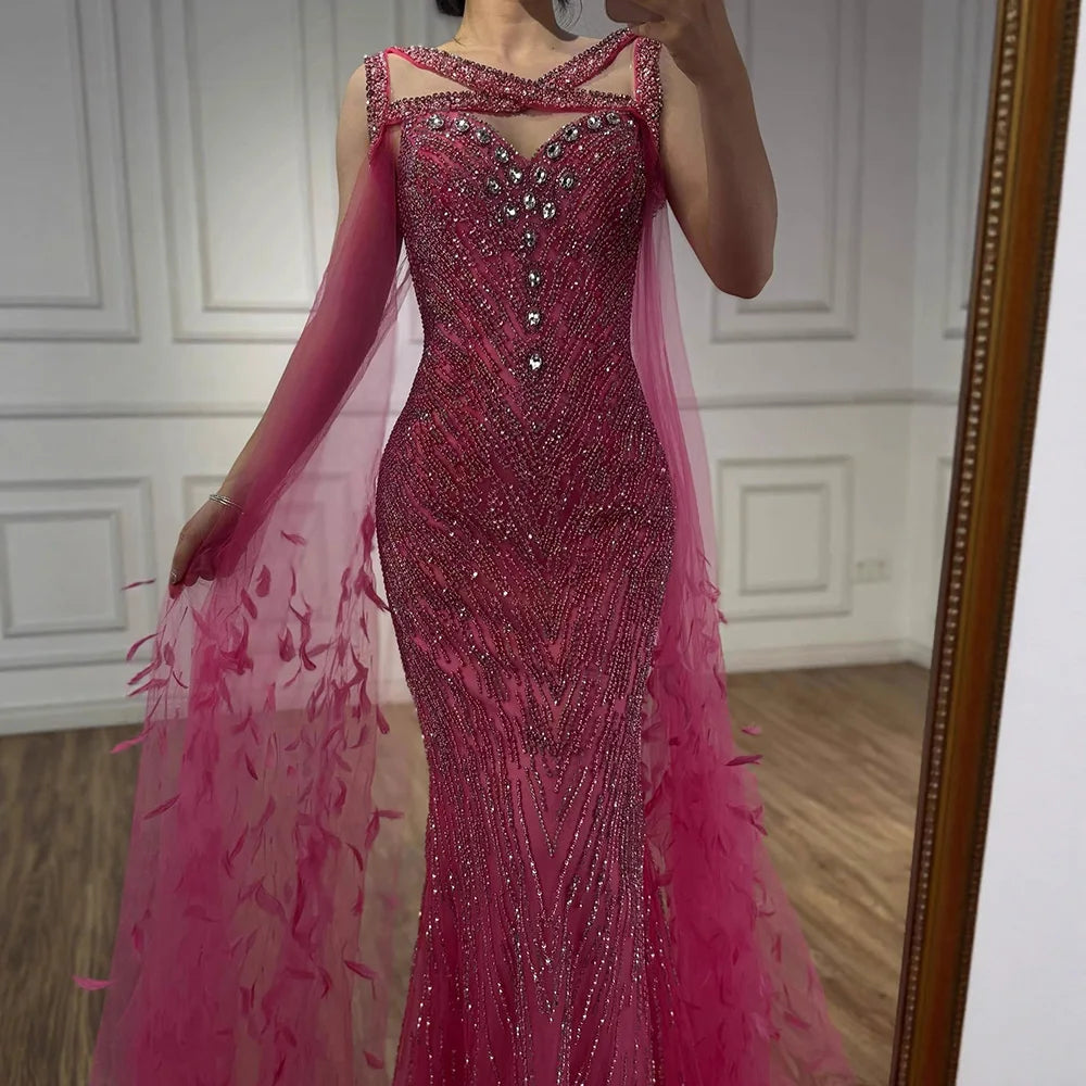 Luxury Fuchsia Mermaid Evening Dress with Cape Sleeves and Feathers LA72286 - SERENE HILL
