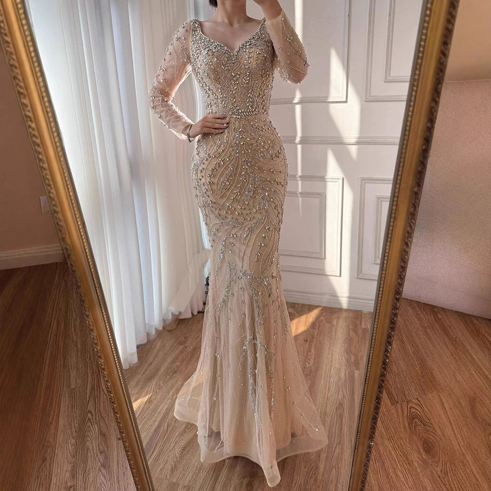 Luxury Muslim Nude Arabic Mermaid Beaded Evening Dress LA73191 - SERENE HILL