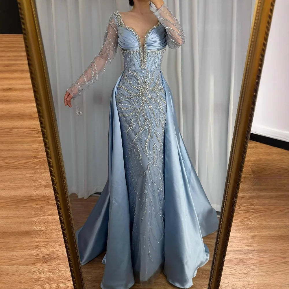 Luxury Muslin Blue hijab Evening Dress With Long Sleeves LA72963 - SERENE HILL
