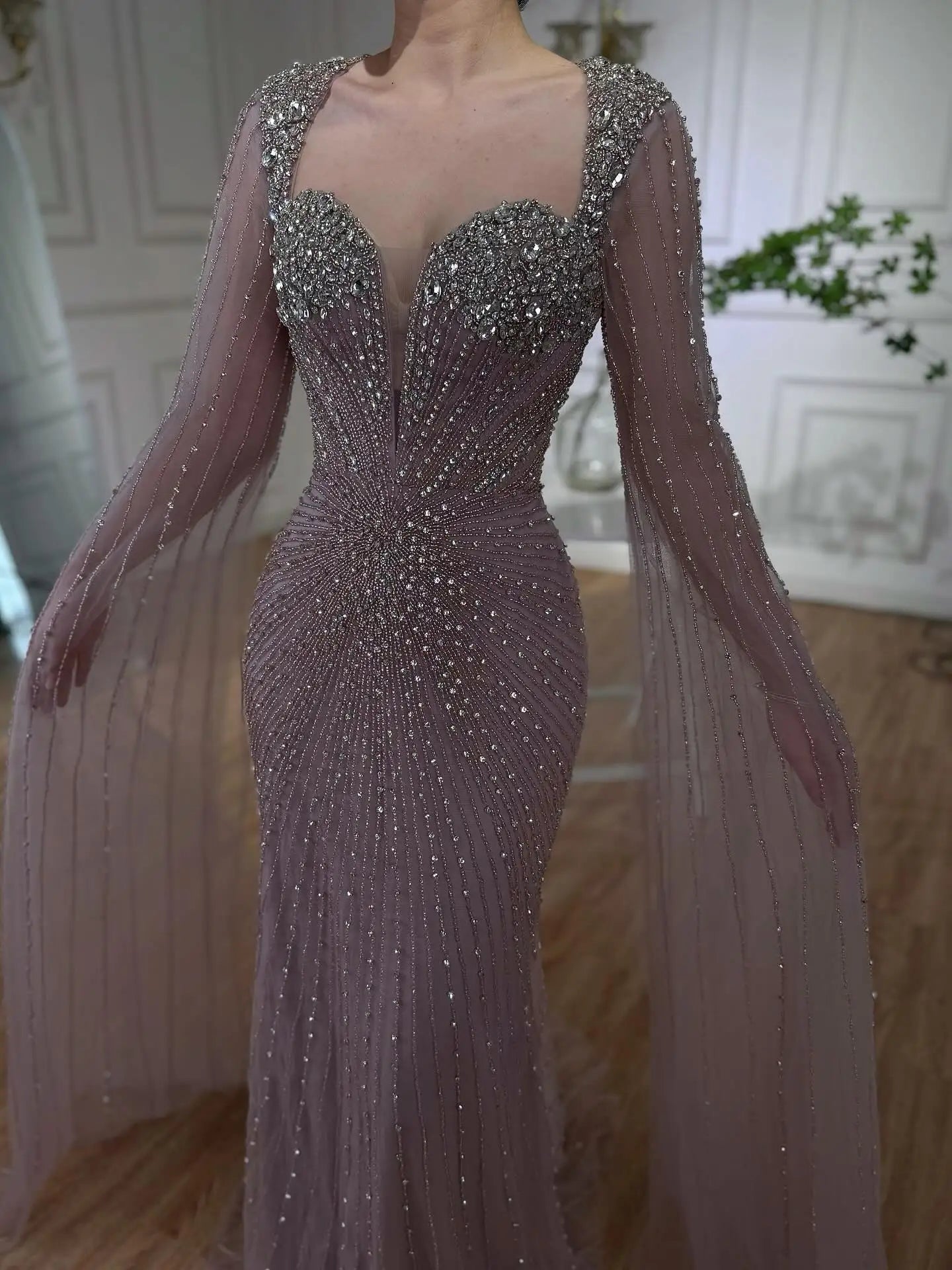 Luxury Caramel Crystal Beaded Mermaid Evening Dress with Cape LA72575D - SERENE HILL