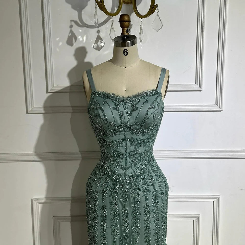 Luxury Arabic Blue Spaghetti Strap Mermaid Evening Dress Beaded LA72725 - SERENE HILL