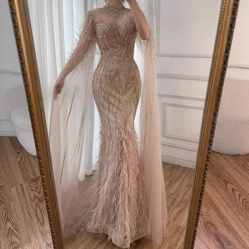Luxury Nude Feather Beaded High Neck Formal Evening Dress for Women LA71885C - SERENE HILL