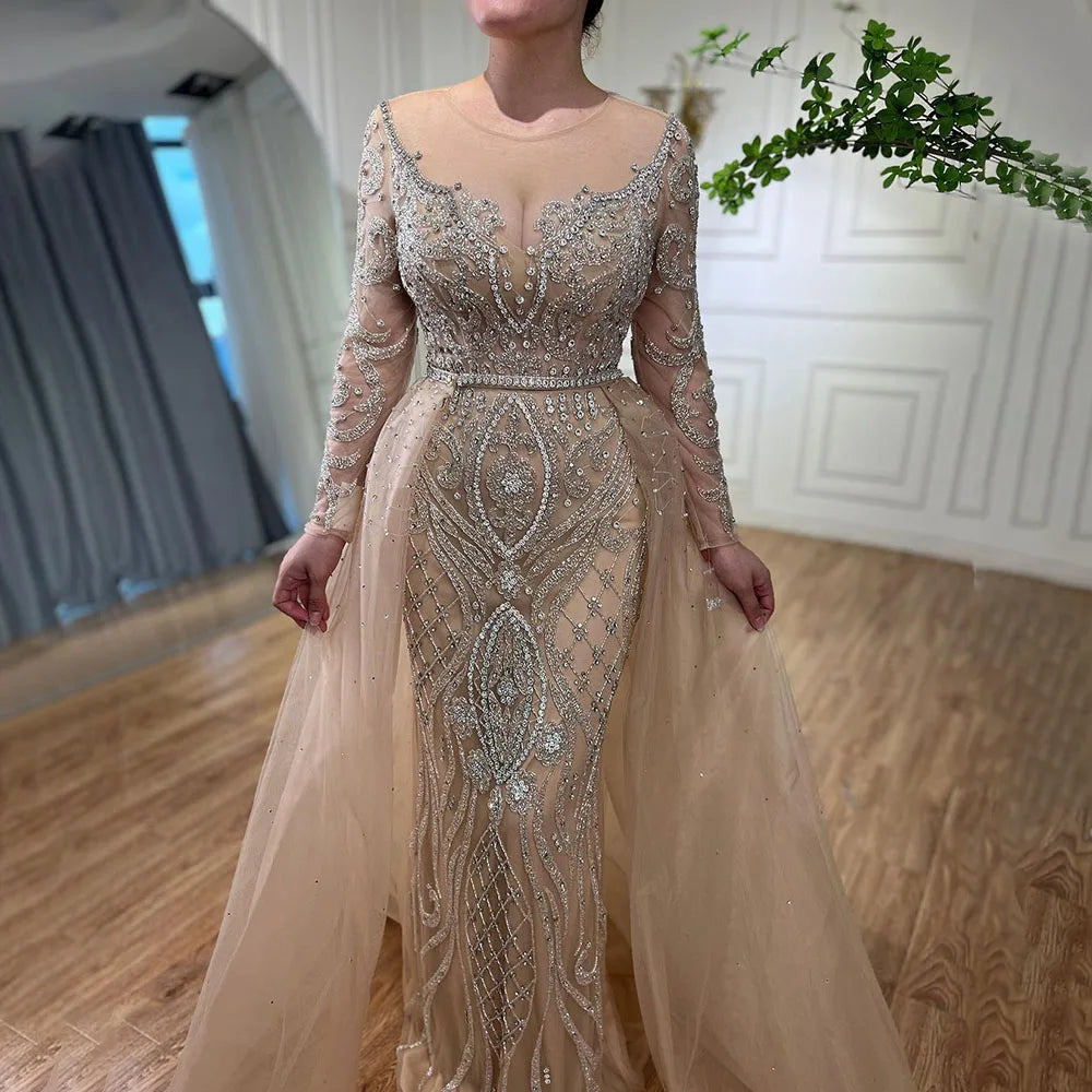 SERENE HILL Luxury Muslim Nude Beaded Mermaid Evening Dress with Overskirt LA71597 - SERENE HILL