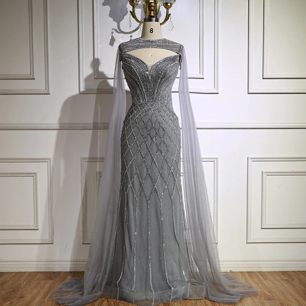 Luxury Nude Beaded Mermaid Evening Dress with Cape LA72814 - SERENE HILL