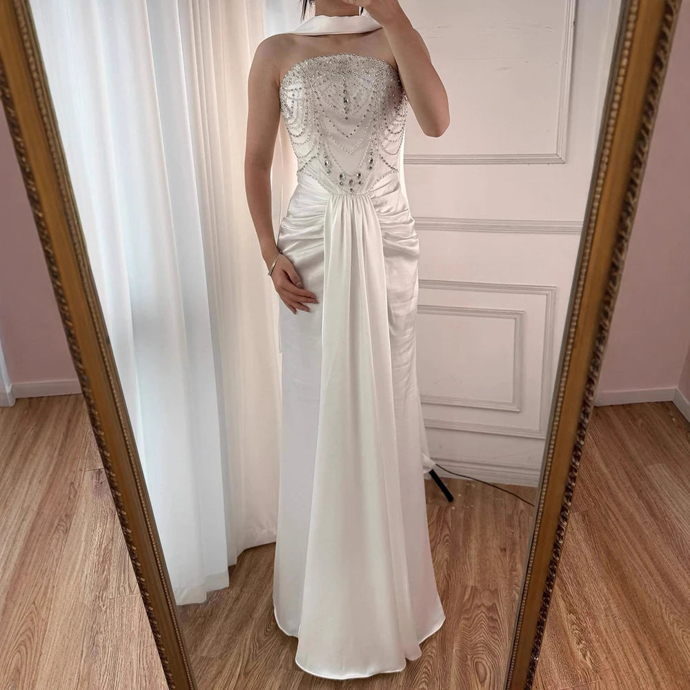 White Beaded Evening Dress with Gloves LA73086 - SERENE HILL