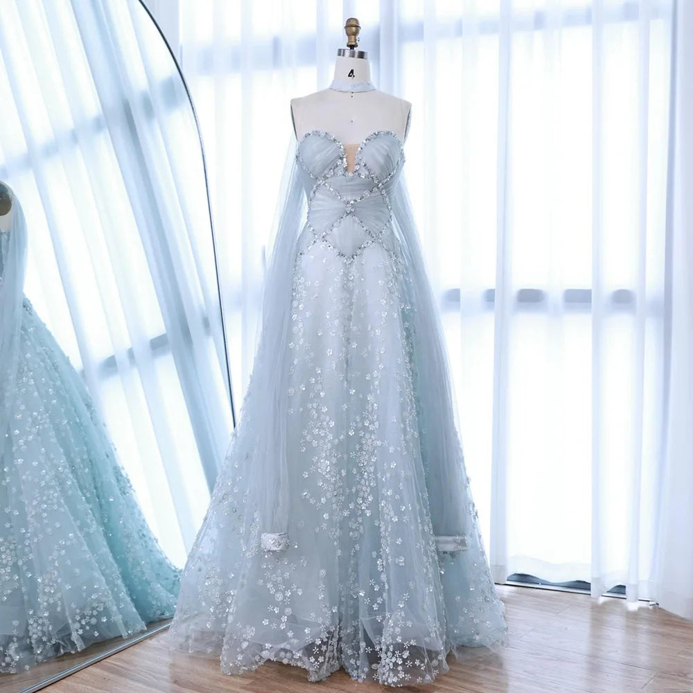 Luxury Dubai Arabic Light Blue Dreamy A-Line Evening Dress LA73099 - SERENE HILL