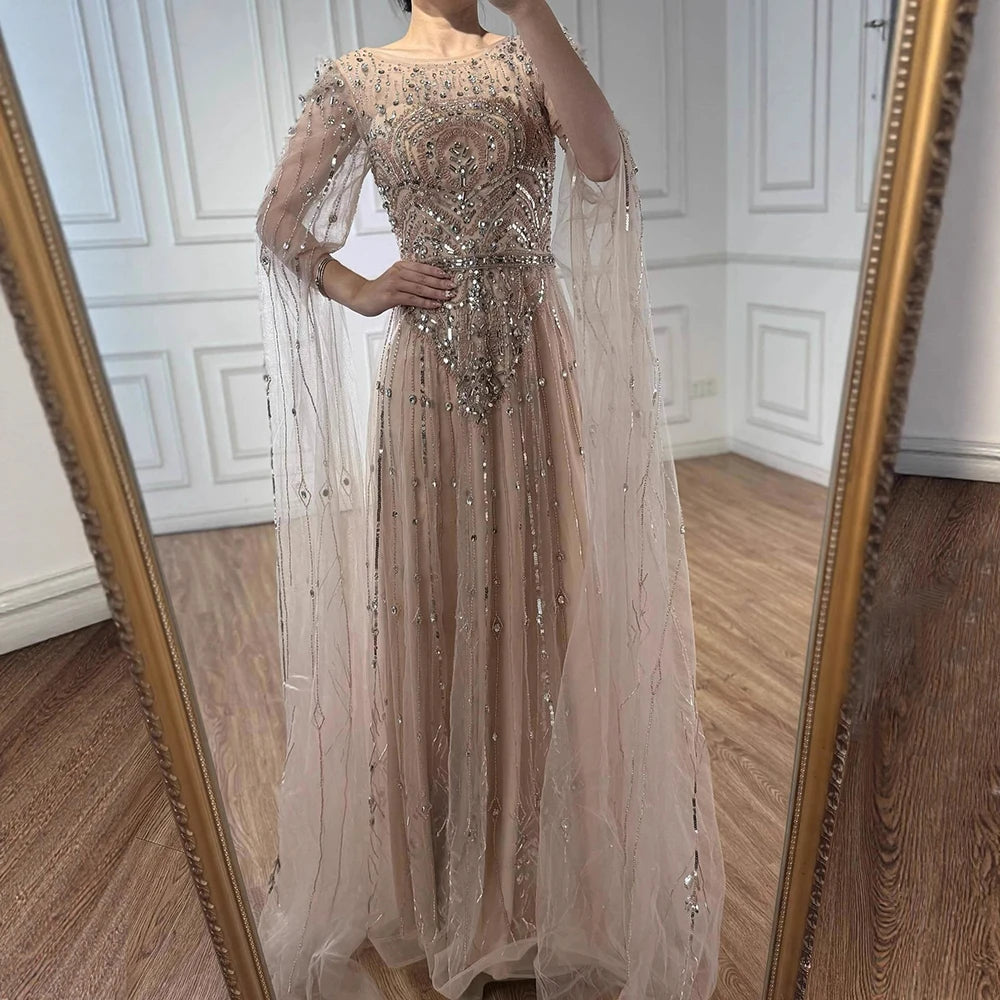 Luxury Designer Blue Beaded Stone Arabic Evening Dress With Cape Sleeve LA72635 - SERENE HILL