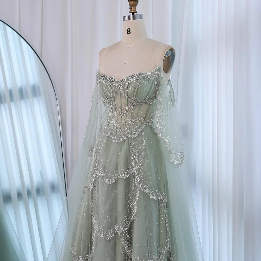 Luxury Arabic Sage Green Beaded A-Line Evening Dress with Cape LA72605A - SERENE HILL
