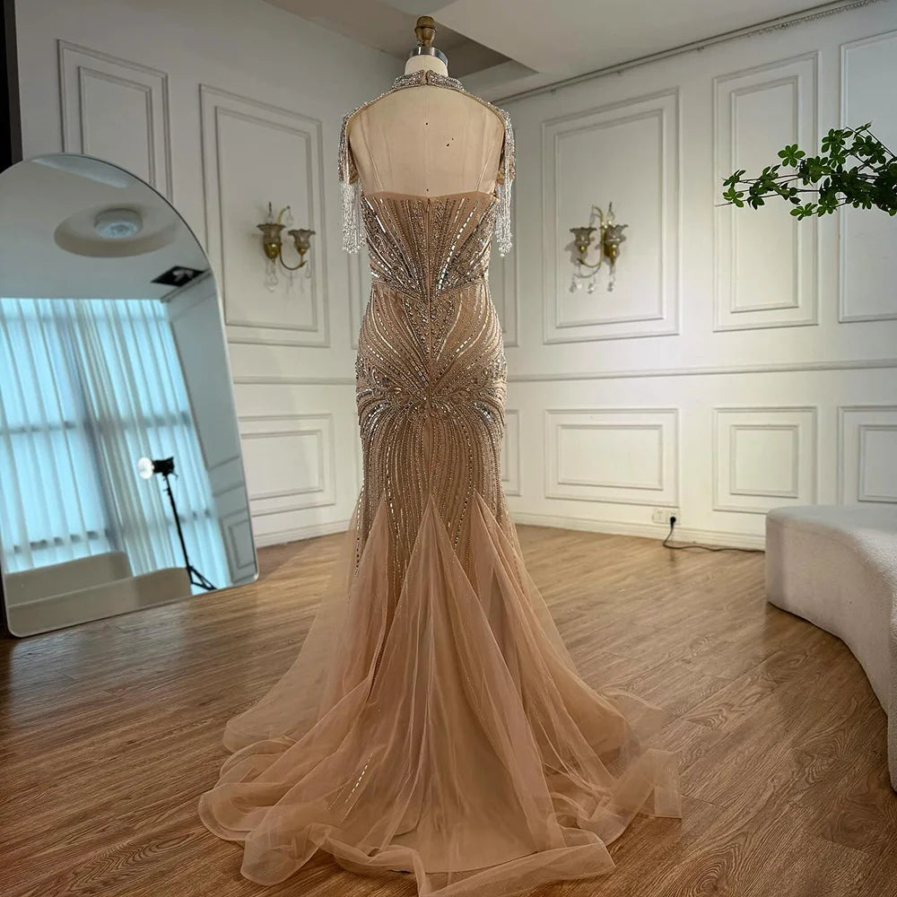 Luxury Nude Beaded High Neck Mermaid Evening Dress LA72897 - SERENE HILL