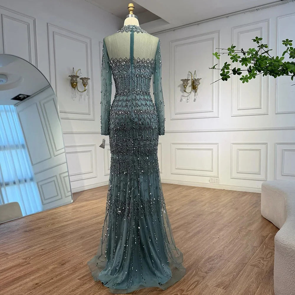 Luxury Arabic Turquoise Beaded Mermaid Evening Dress Long Sleeve LA72714C - SERENE HILL