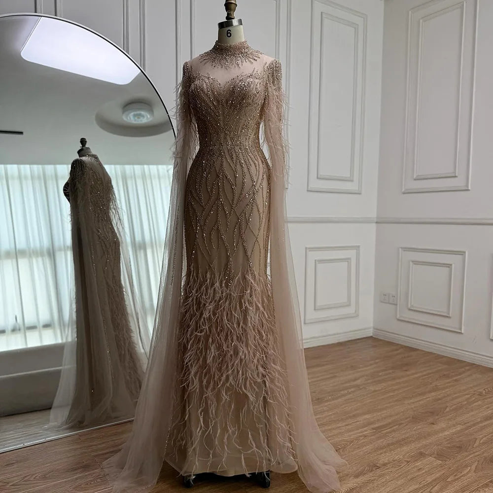 Luxury Nude Feather Beaded High Neck Formal Evening Dress for Women LA71885C - SERENE HILL