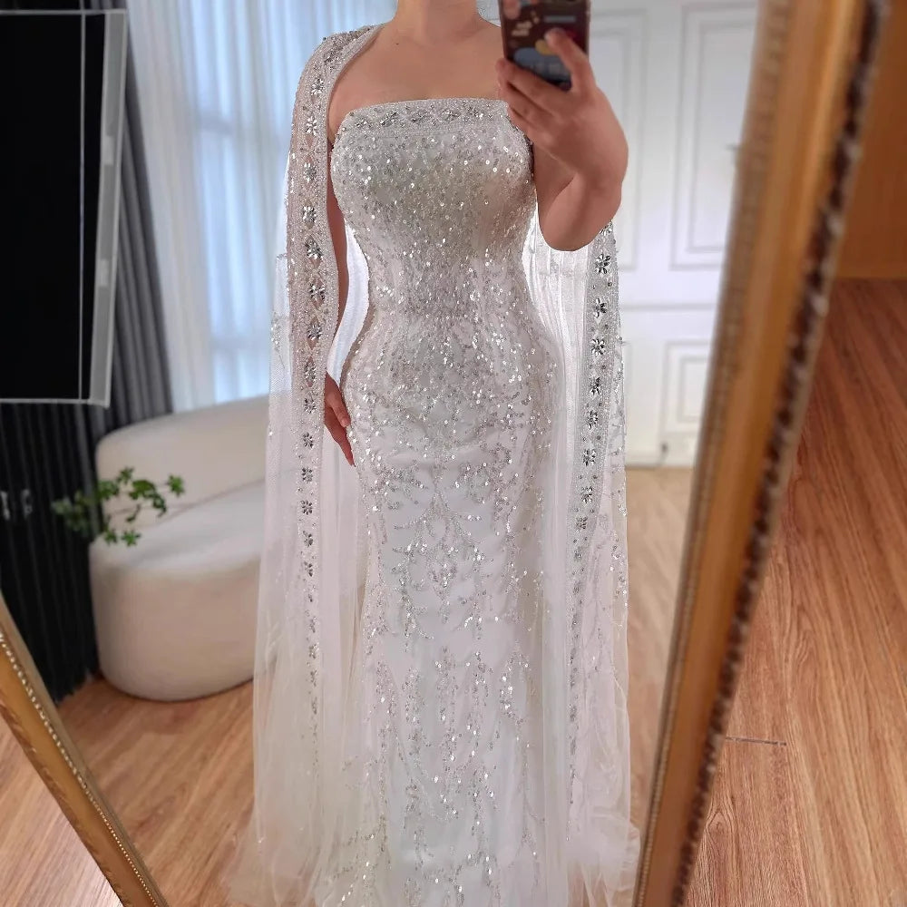 Luxury White Dubai Arabia Beading Evening Dress With Cape LA72870 - SERENE HILL