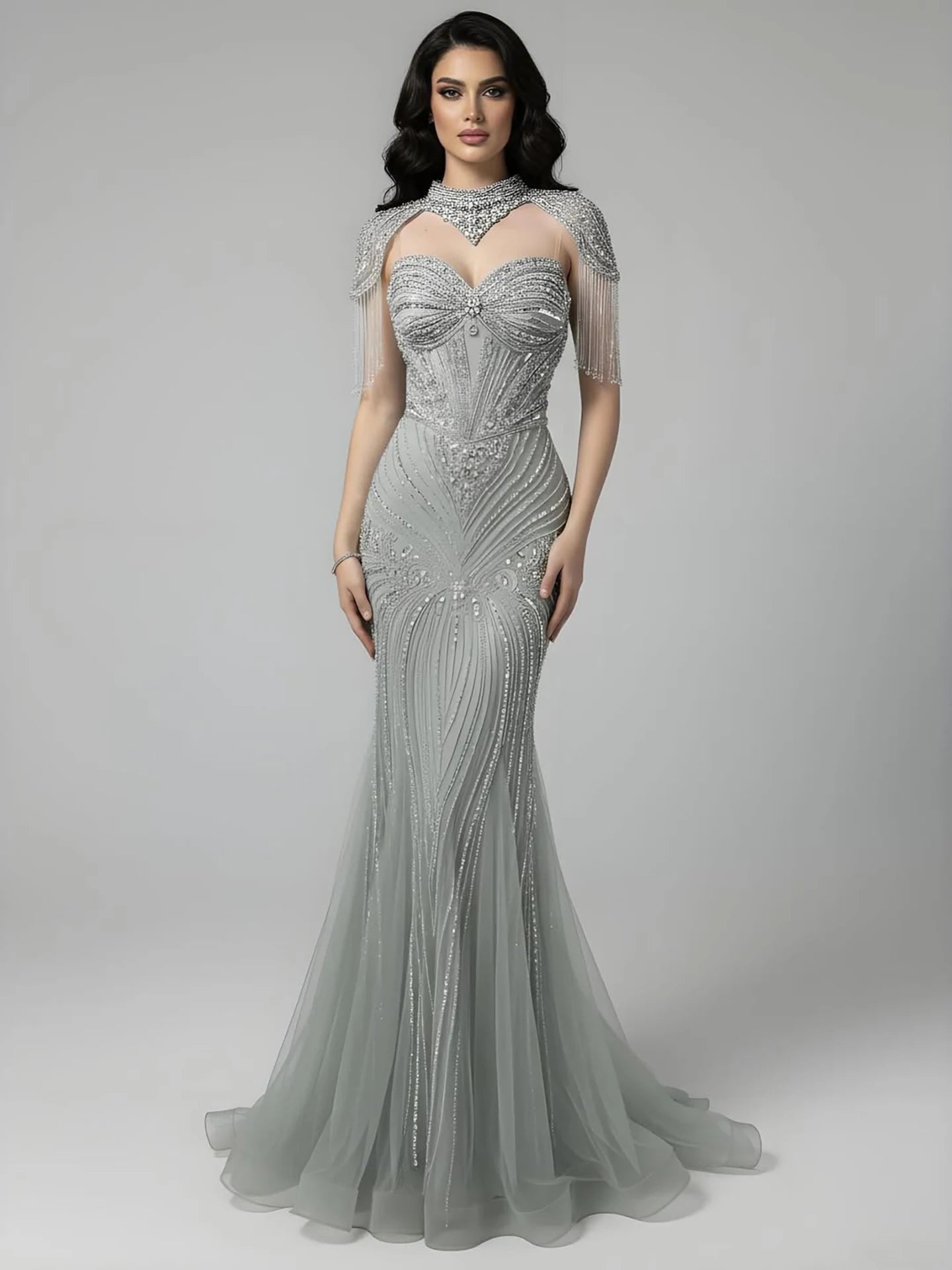 Luxury Nude Beaded High Neck Mermaid Evening Dress LA72897 - SERENE HILL