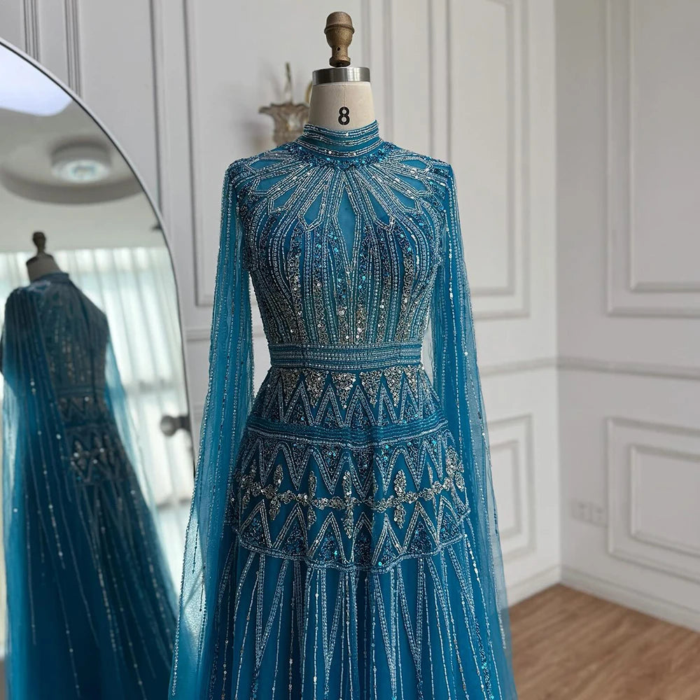 Luxury Arabic Blue Beaded Evening Dress with Cape Sleeves LA73187 - SERENE HILL