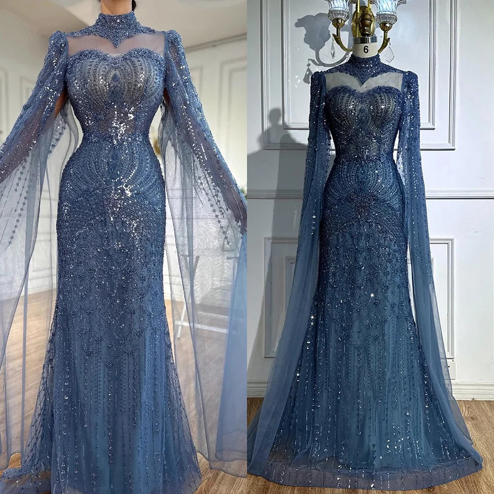 Luxury Modest Blue Mermaid Evening Dress with Cape LA73006 - SERENE HILL