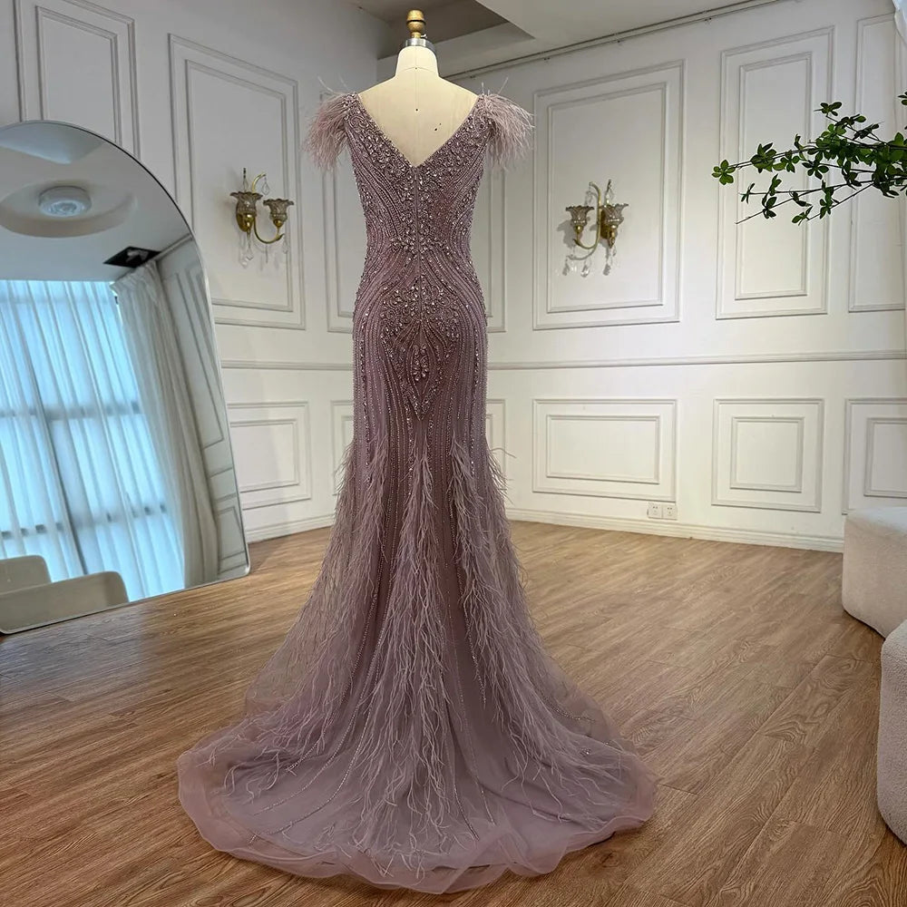 Luxury Designer Pink Feather Beaded Mermaid Evening Dress LA73098 - SERENE HILL