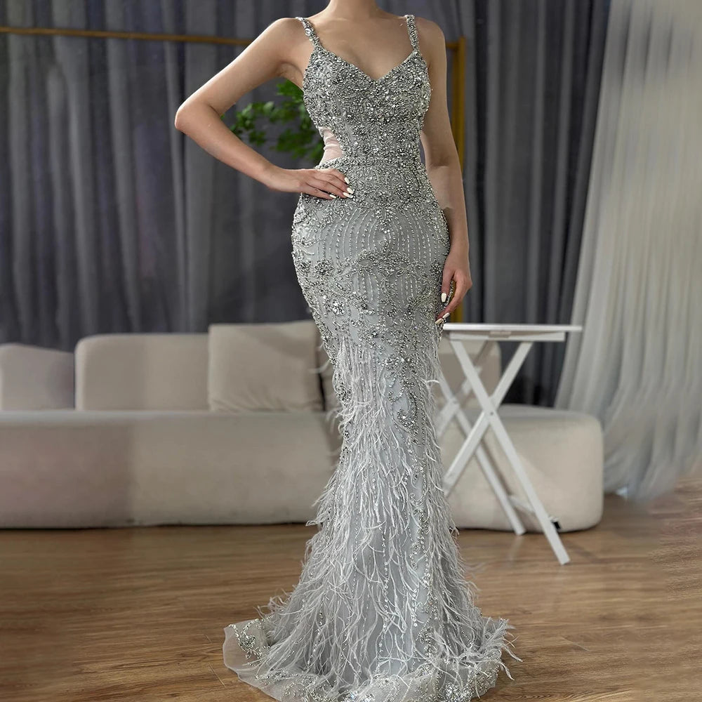grey feather dress Luxury Grey Feather Beaded Spaghetti Straps Evening Dress LA71652A Grey with Feather / 8