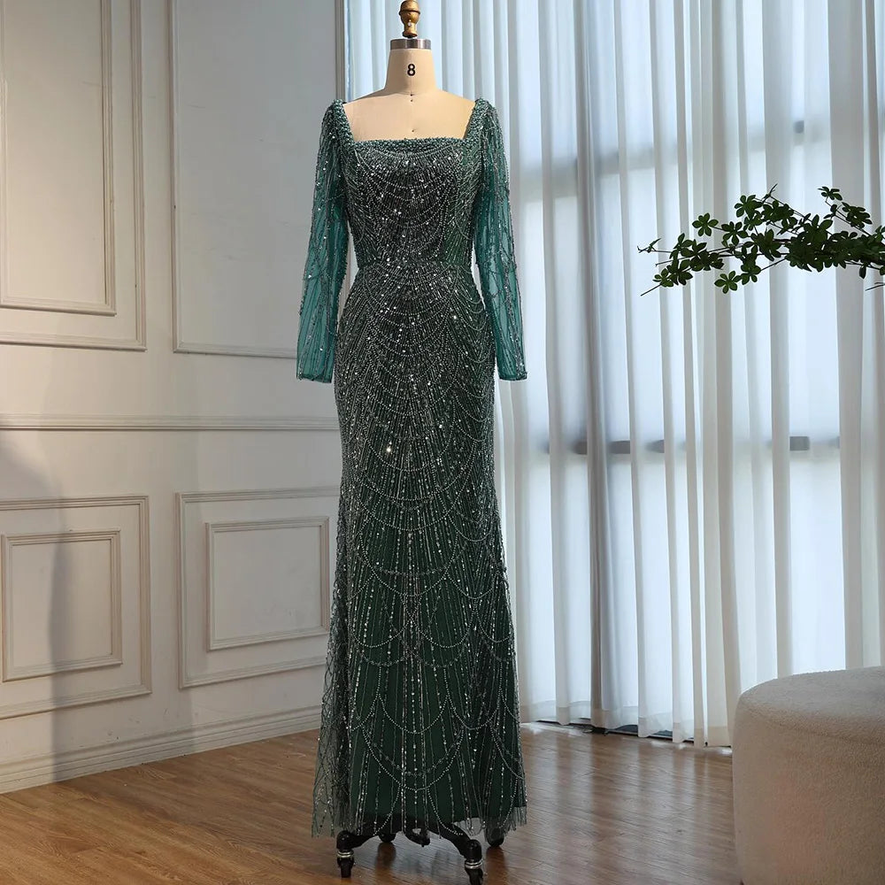 Blue Square Evening Dress With Long Sleeve Plus Size LA72032N - SERENE HILL