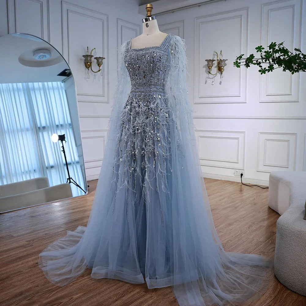 Elegant Blue Beaded Feather A-Line Evening Dress With Cape LA73043 - SERENE HILL