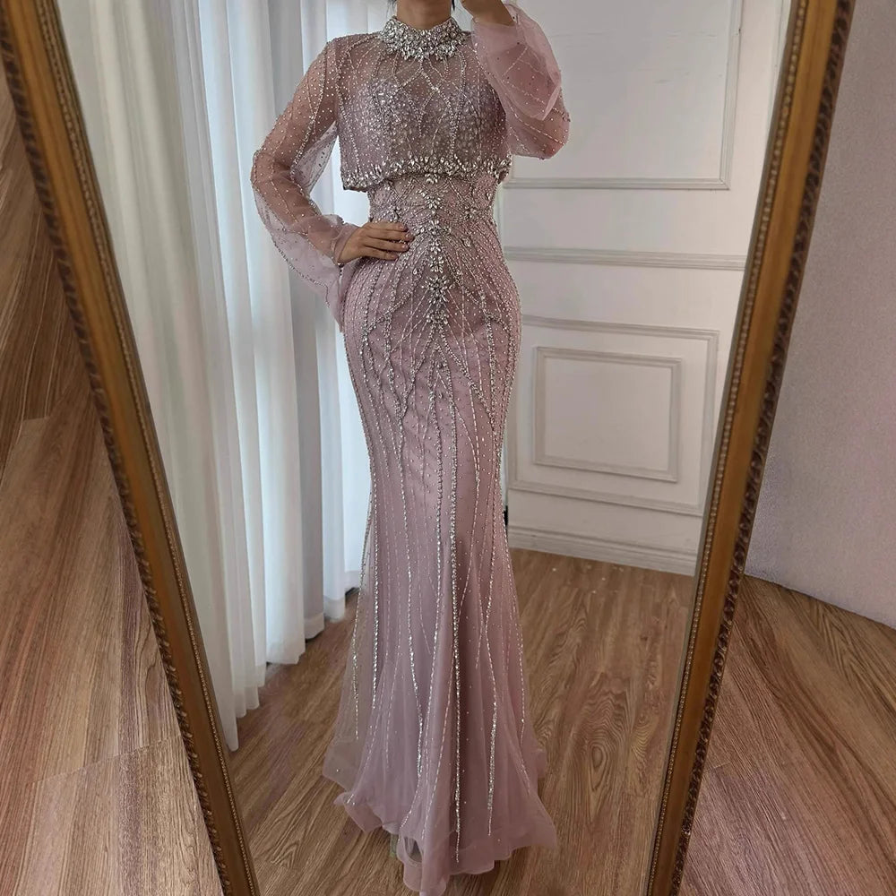 Luxury Turquoise Crystal Beaded Mermaid High Neck Long Sleeve Evening Dress LA73136 - SERENE HILL