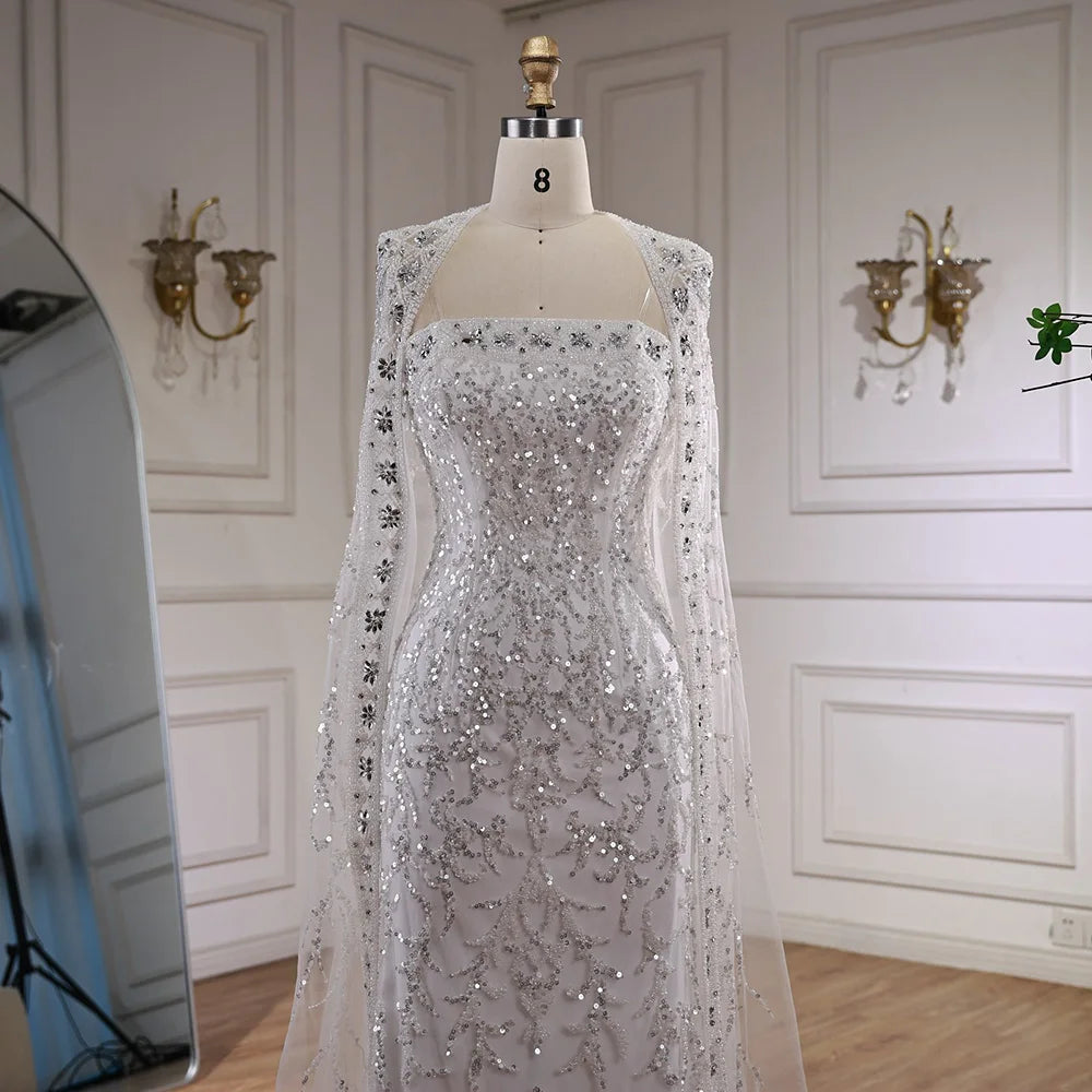 Luxury White Dubai Arabia Beading Evening Dress With Cape LA72870 - SERENE HILL