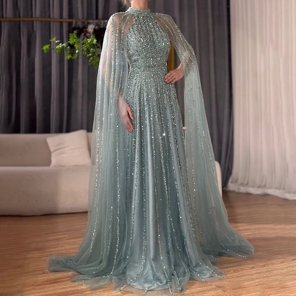 Luxury Caramel A-Line Cape Sleeve Beaded Evening Dress LA72306B - SERENE HILL