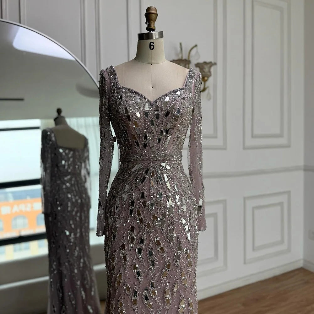 Luxury Black Silver Sequin Long Sleeve Mermaid Evening Dress LA73113 - SERENE HILL